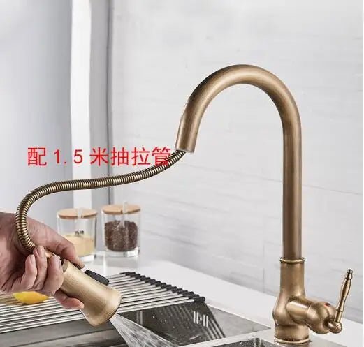 Antique Brass Kitchen Faucets Single Handle Pull Out Mixer Tap Deck Mounted - Design Hoard