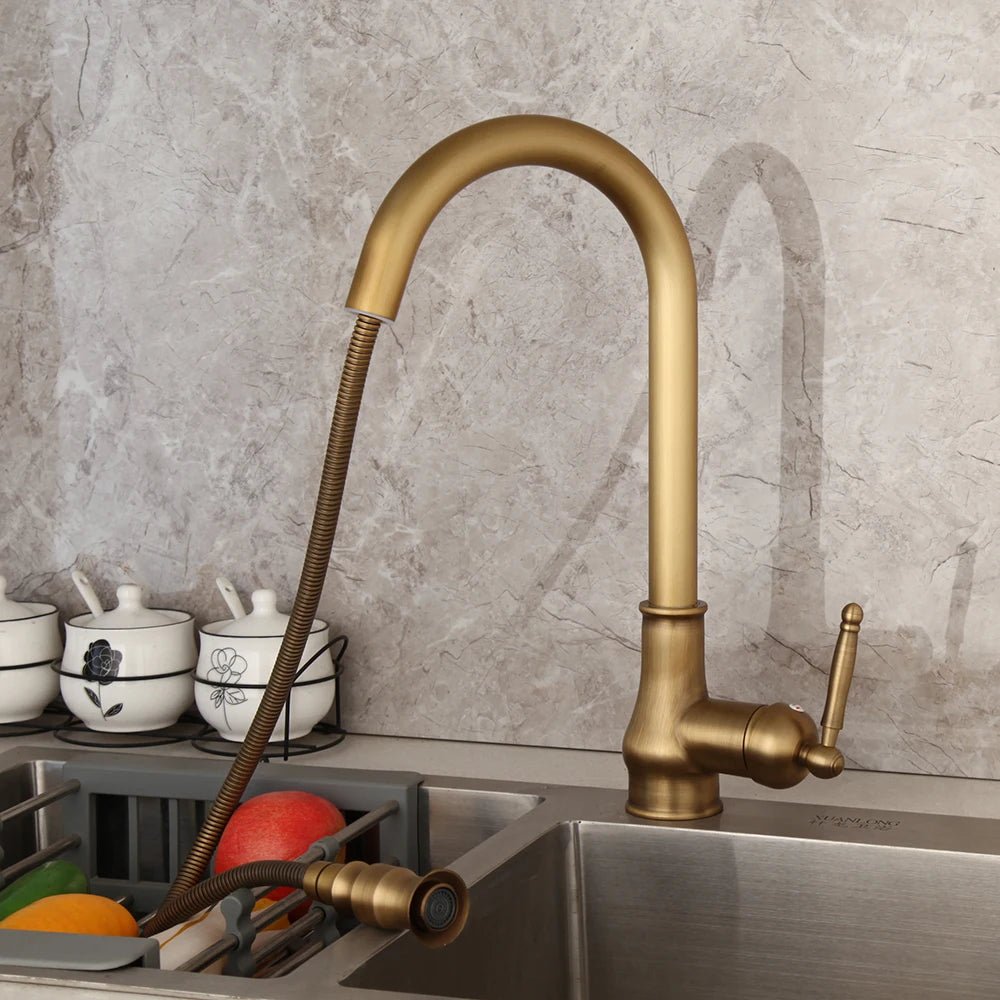 Antique Brass Kitchen Faucets Single Handle Pull Out Mixer Tap Deck Mounted - Design Hoard