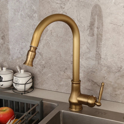Antique Brass Kitchen Faucets Single Handle Pull Out Mixer Tap Deck Mounted - Design Hoard