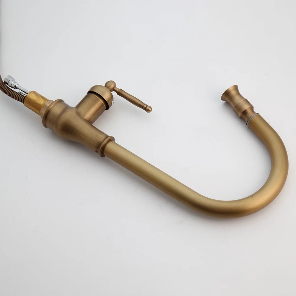 Antique Brass Kitchen Faucets Single Handle Pull Out Mixer Tap Deck Mounted - Design Hoard